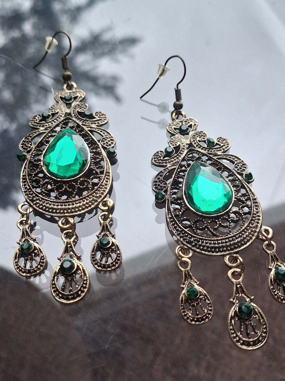 Green Teardrop Filigree Dangle Earrings - Picture 3 of 4